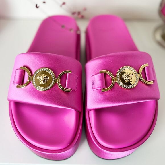 Versace Medusa Biggie Satin Embellished Platform Slide Sandals Pink Size 8.5 NWB - Picture 6 of 16